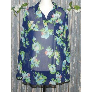 Liz Claiborne Women's Blue Floral Sheer Blouse Top Plus Size 1X V-Neck Long Slee